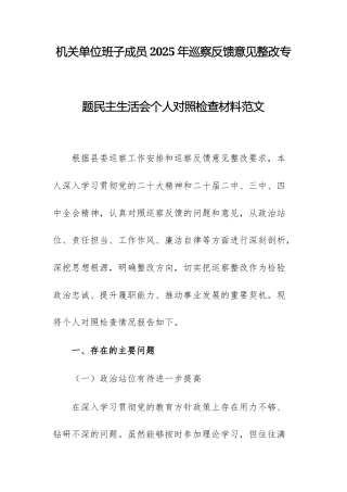机关单位班子成员2025年巡察反馈意见整改专题民主生活会个人对照检查材料范文.docx