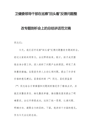 卫健委领导干部在巡察“回头看”反馈问题整改专题剖析会上的总结讲话范文稿.docx