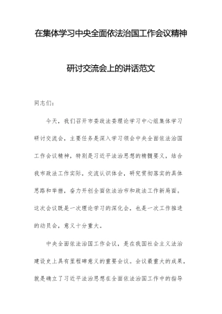 在集体学习中央全面依法治国工作会议精神研讨交流会上的讲话范文.docx