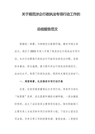 关于规范涉企行政执法专项行动工作的总结报告范文.docx