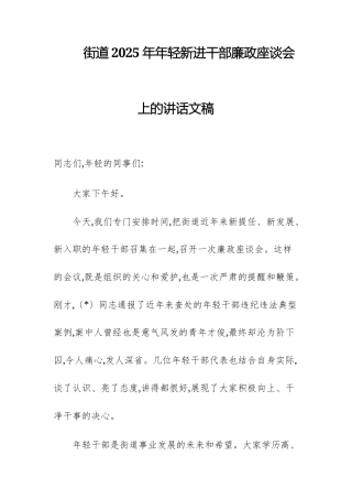 街道2025年年轻新进干部廉政座谈会上的讲话文稿.docx