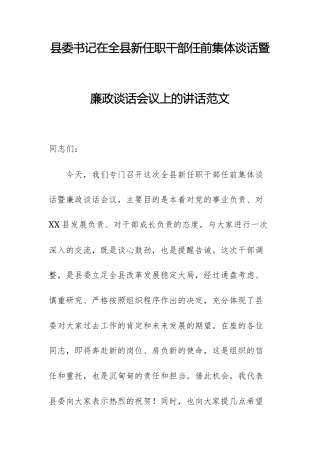 书记在新任职干部任前集体谈话暨廉政谈话会议上的讲话范文.docx