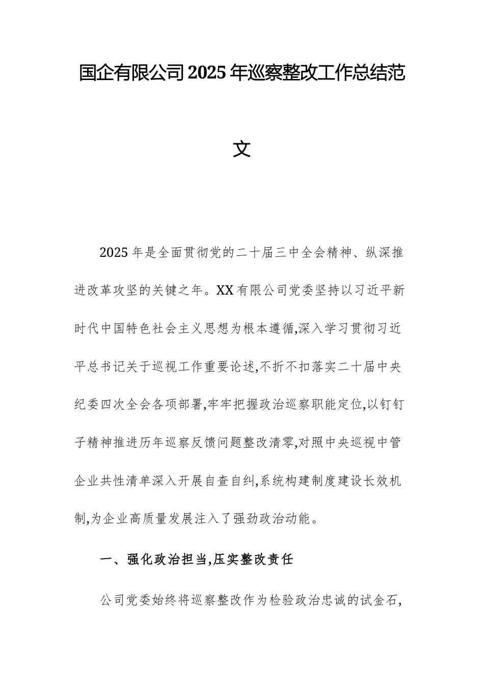 国企有限公司2025年巡察整改工作总结范文.docx_第1页