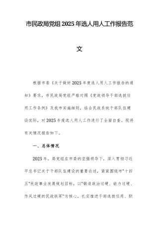 民政机关党组2025年选人用人工作报告范文.docx