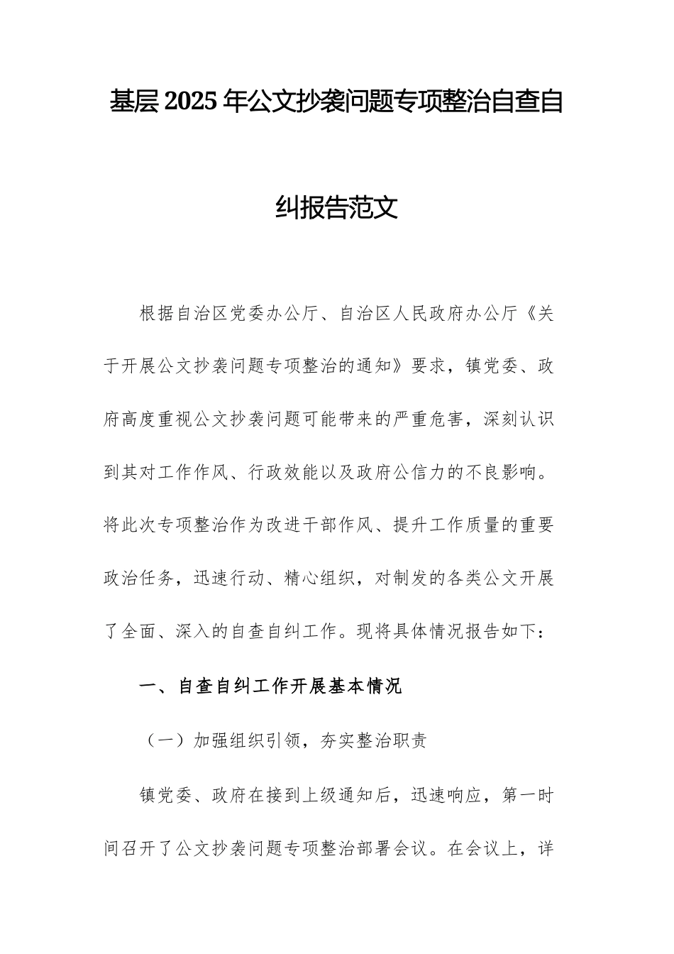基层2025年公文抄袭问题专项整治自查自纠报告范文.docx_第1页