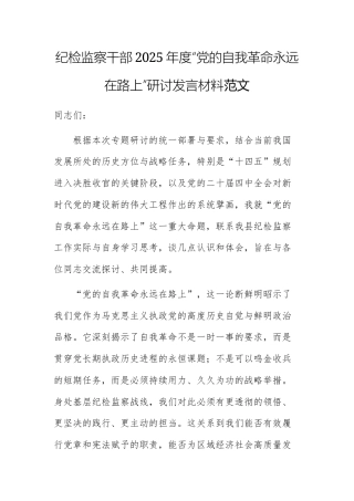 纪检监察干部2025年度“党的自我革命永远在路上”研讨发言材料范文.docx