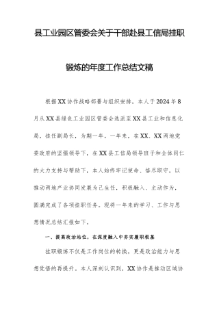 县工业园区管委会关于干部赴县工信局挂职锻炼的年度工作总结文稿.docx