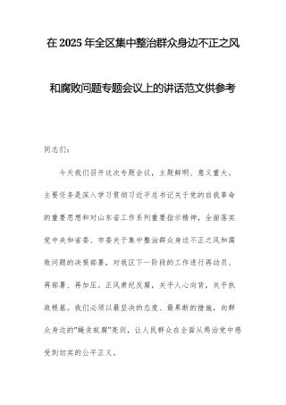 在2025年集中整治群众身边不正之风问题专题会议上的讲话范文供参考.docx