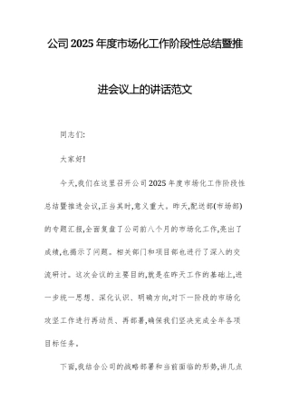 公司2025年度市场化工作阶段性总结暨推进会议上的讲话范文.docx