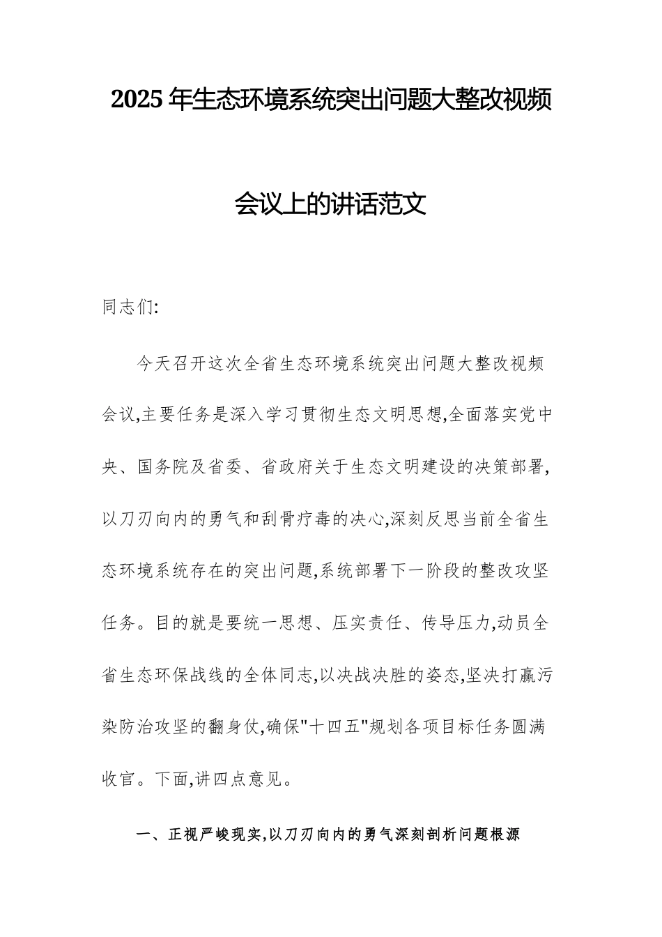 2025年生态环境系统突出问题大整改视频会议上的讲话范文.docx_第1页