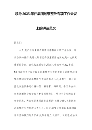 领导2025年在集团巡察整改专项工作会议上的讲话范文.docx