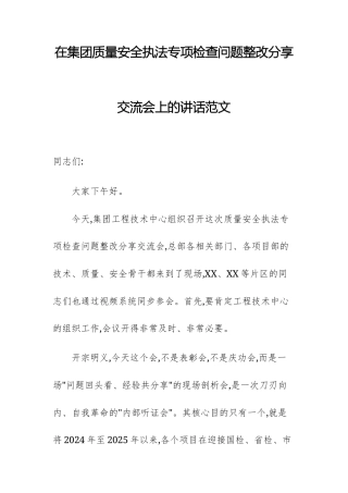 在集团质量安全执法专项检查问题整改分享交流会上的讲话范文.docx