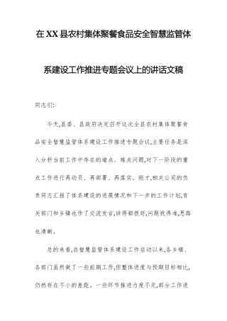 在农村集体聚餐食品安全智慧监管体系建设工作推进专题会议上的讲话文稿.docx