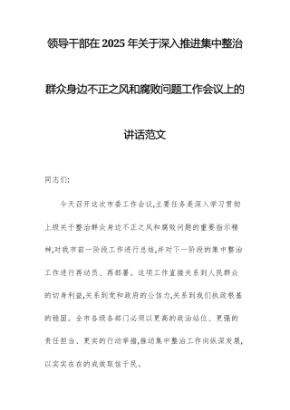 领导干部在2025年关于深入推进集中整治群众身边不正之风问题工作会议上的讲话范文.docx