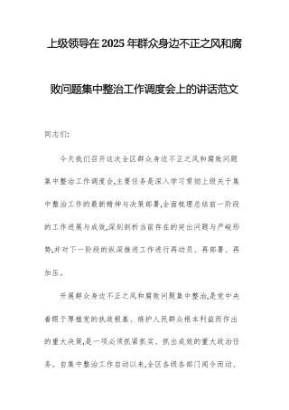 上级领导在2025年群众身边不正之风问题集中整治工作调度会上的讲话范文.docx