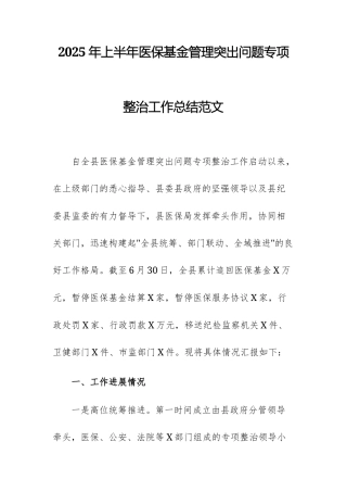 2025年上半年医保基金管理突出问题专项整治工作总结范文.docx