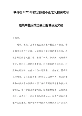 领导在2025年群众身边不正之风和腐败问题集中整治推进会上的讲话范文稿.docx