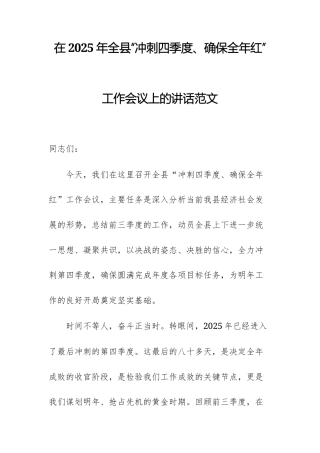 在2025年“冲刺四季度、确保全年红”工作会议上的讲话范文.docx