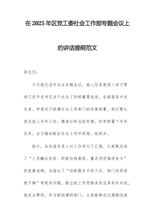 在2025年党工委社会工作部专题会议上的讲话提纲范文.docx