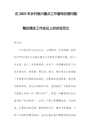 在2025年乡村振兴重点工作督导反馈问题整改落实工作会议上的讲话范文.docx