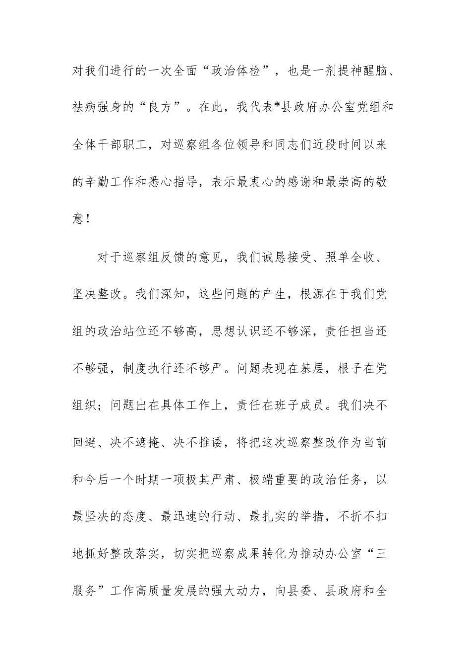 在2025年巡察组巡察县政府办公室党组情况反馈会议上的表态发言范文.docx_第2页