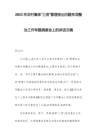 2025年农村集体“三资”管理突出问题专项整治工作专题调度会上的讲话文稿.docx