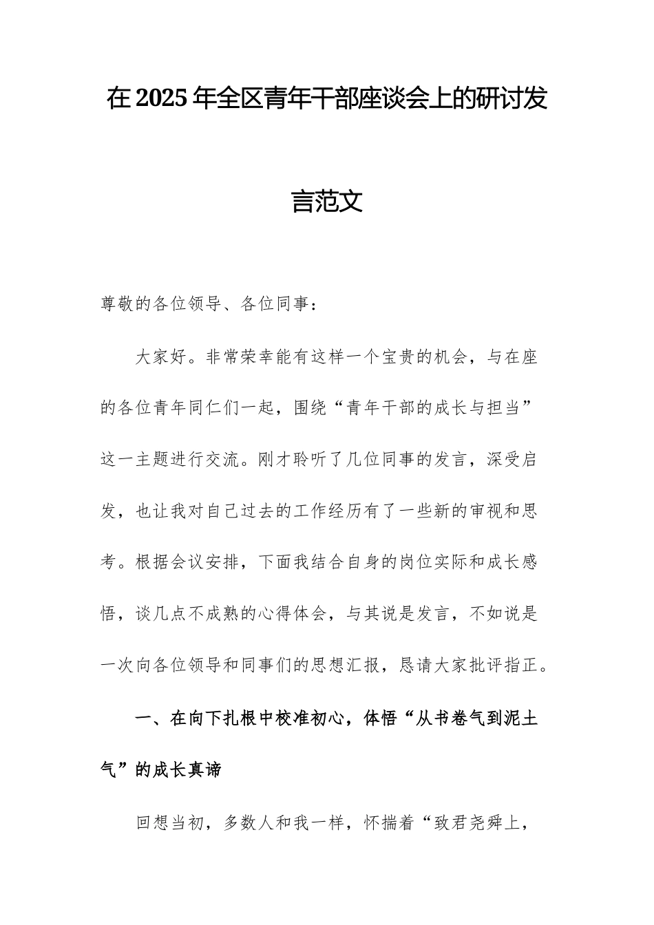 领导在2025年青年干部座谈会上的研讨发言范文.docx_第1页