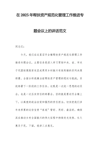 在2025年帮扶资产规范化管理工作推进专题会议上的讲话范文.docx