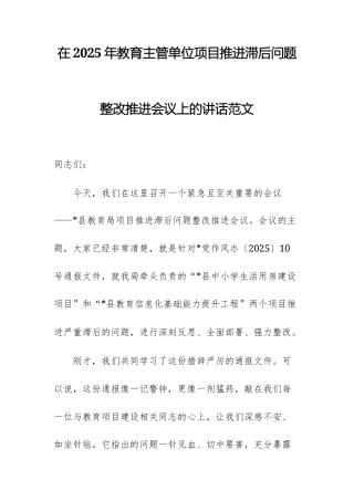 在2025年教育主管单位项目推进滞后问题整改推进会议上的讲话范文.docx