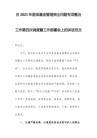 在2025年医保基金管理突出问题专项整治工作第四次调度暨工作部署会上的讲话范文.docx