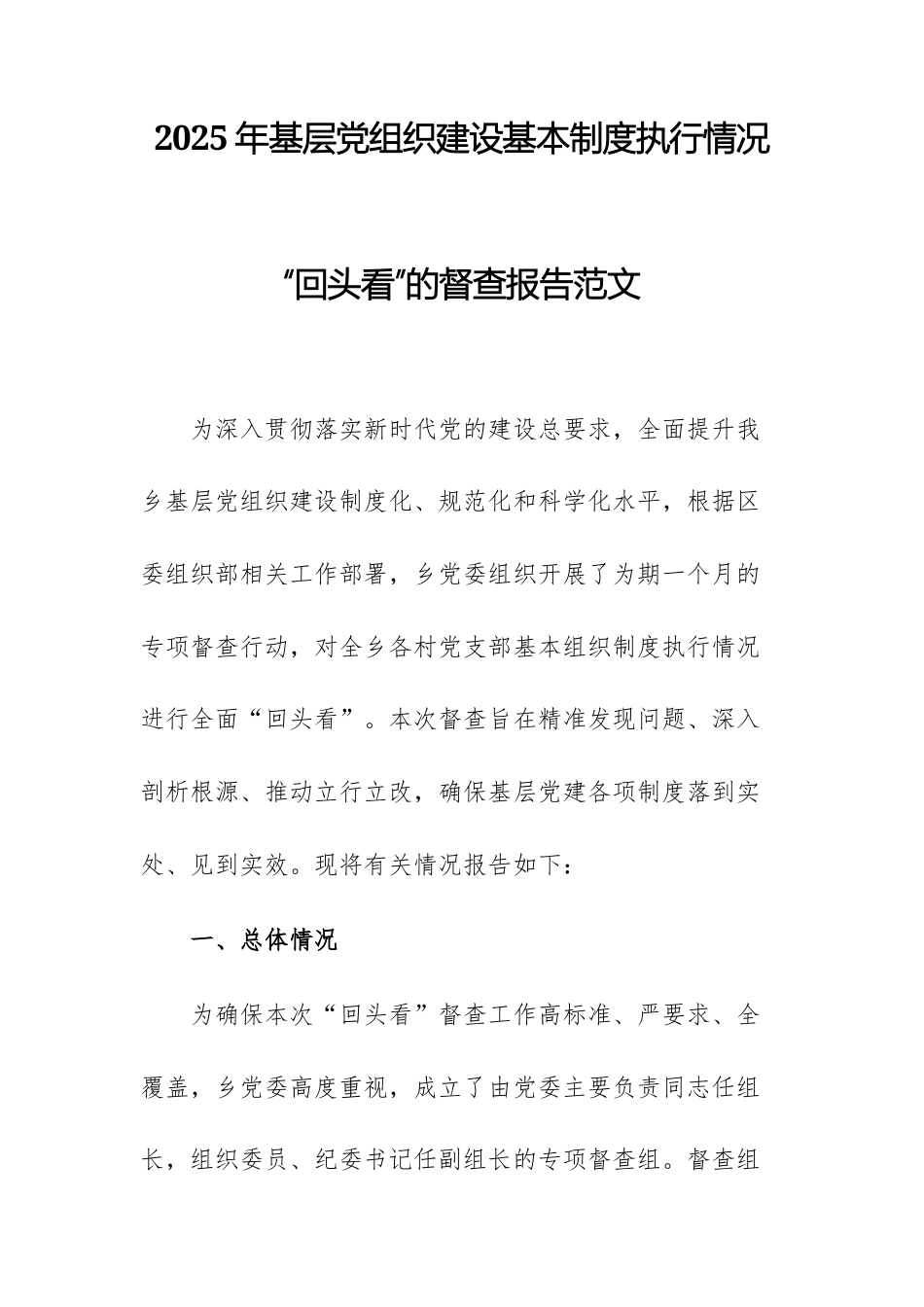 2025年基层党组织建设基本制度执行情况“回头看”的督查报告范文.docx_第1页