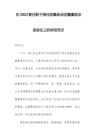 在2025新任职干部任前集体谈话暨廉政谈话会议上的讲话范文.docx