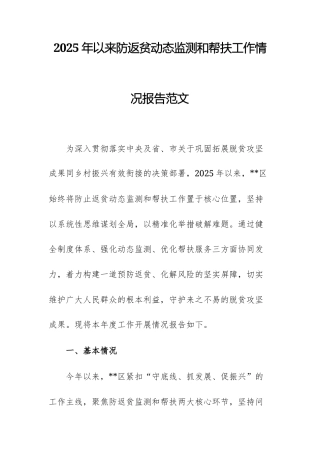 2025年以来防返贫动态监测和帮扶工作情况报告范文.docx