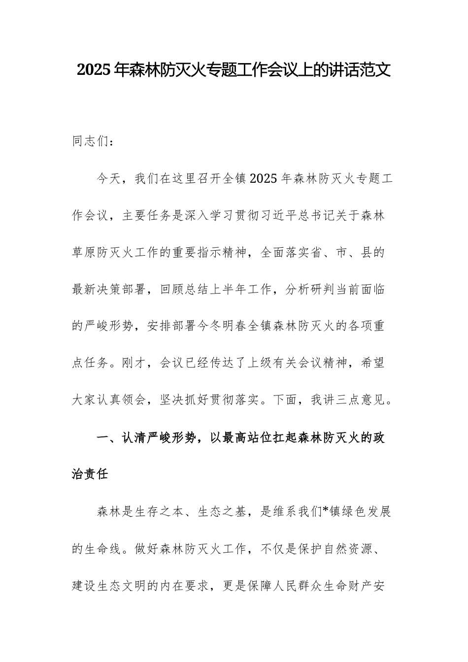 2025年森林防灭火专题工作会议上的讲话范文.docx_第1页