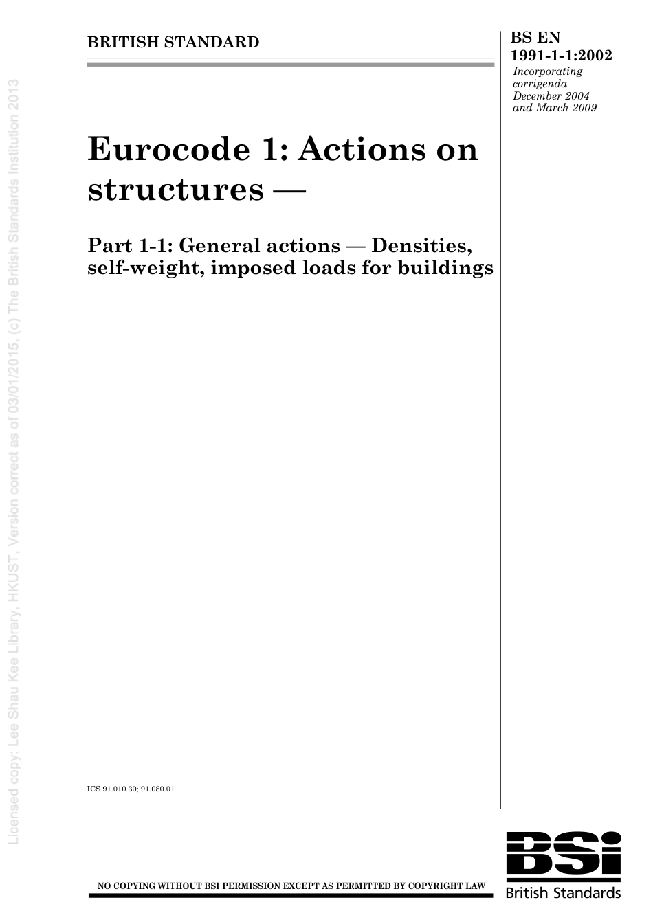[BS EN 1991-1-1-2002] -- Eurocode 1. Actions on structures. General actions.pdf_第1页