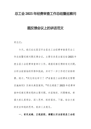 总工会2025年经费审查工作总结暨巡察问题反馈会议上的讲话范文.docx