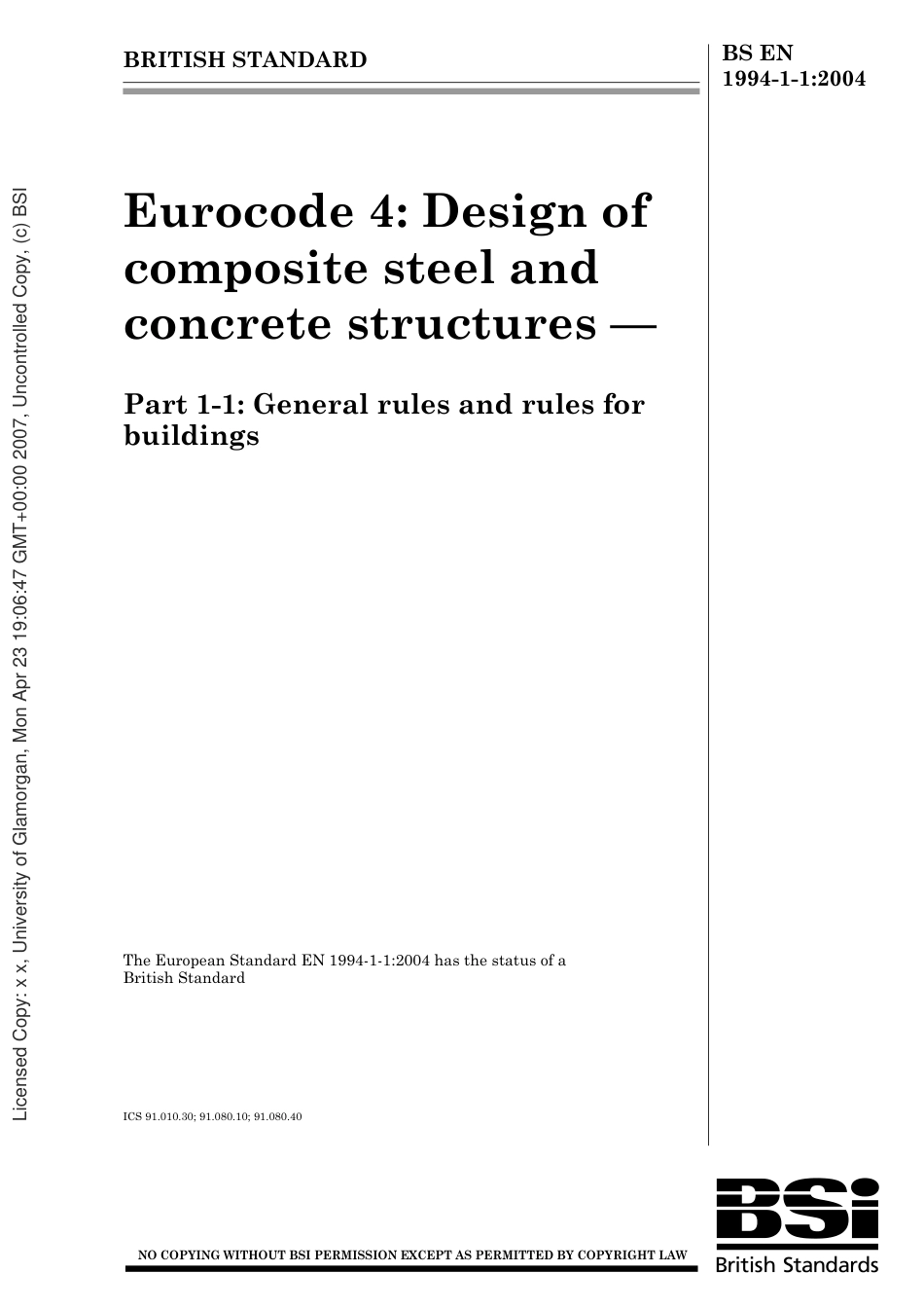 BS EN 1994-1-1-2004 Design of composite steel and concrete structures.pdf_第1页