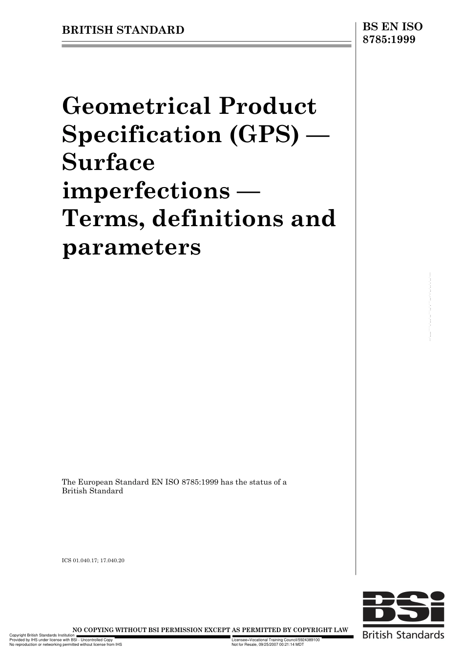 BS EN ISO 8785 1999.pdf_第1页