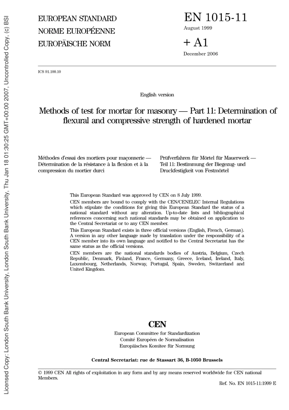 BSEN1015-11-1999砖石工程用砂浆的试验方法.硬化砂浆弯曲和抗压强度的测定.pdf_第2页