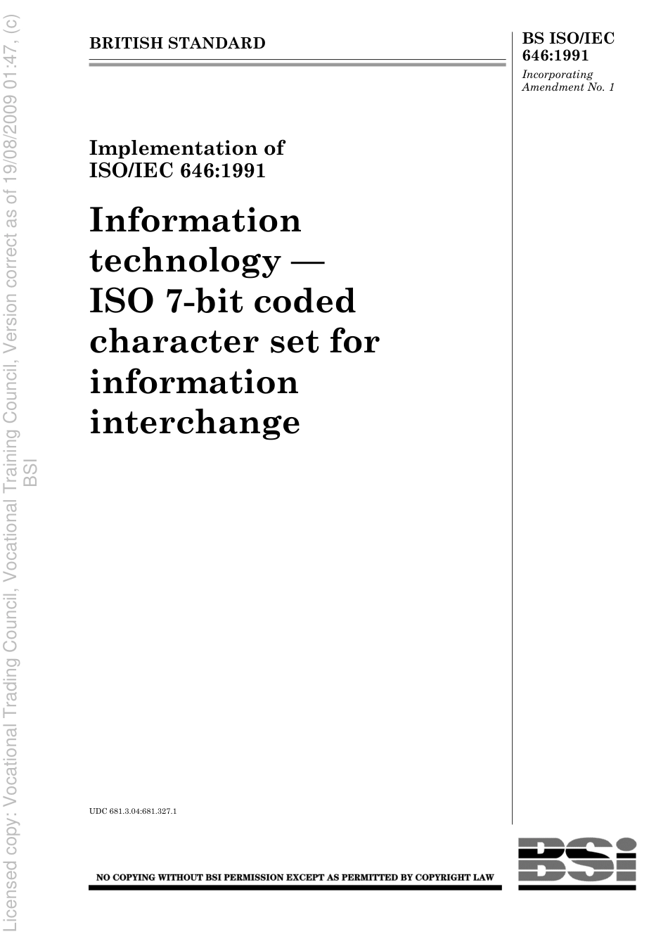 BS ISO IEC 646 1991 (Amd 1).pdf_第1页