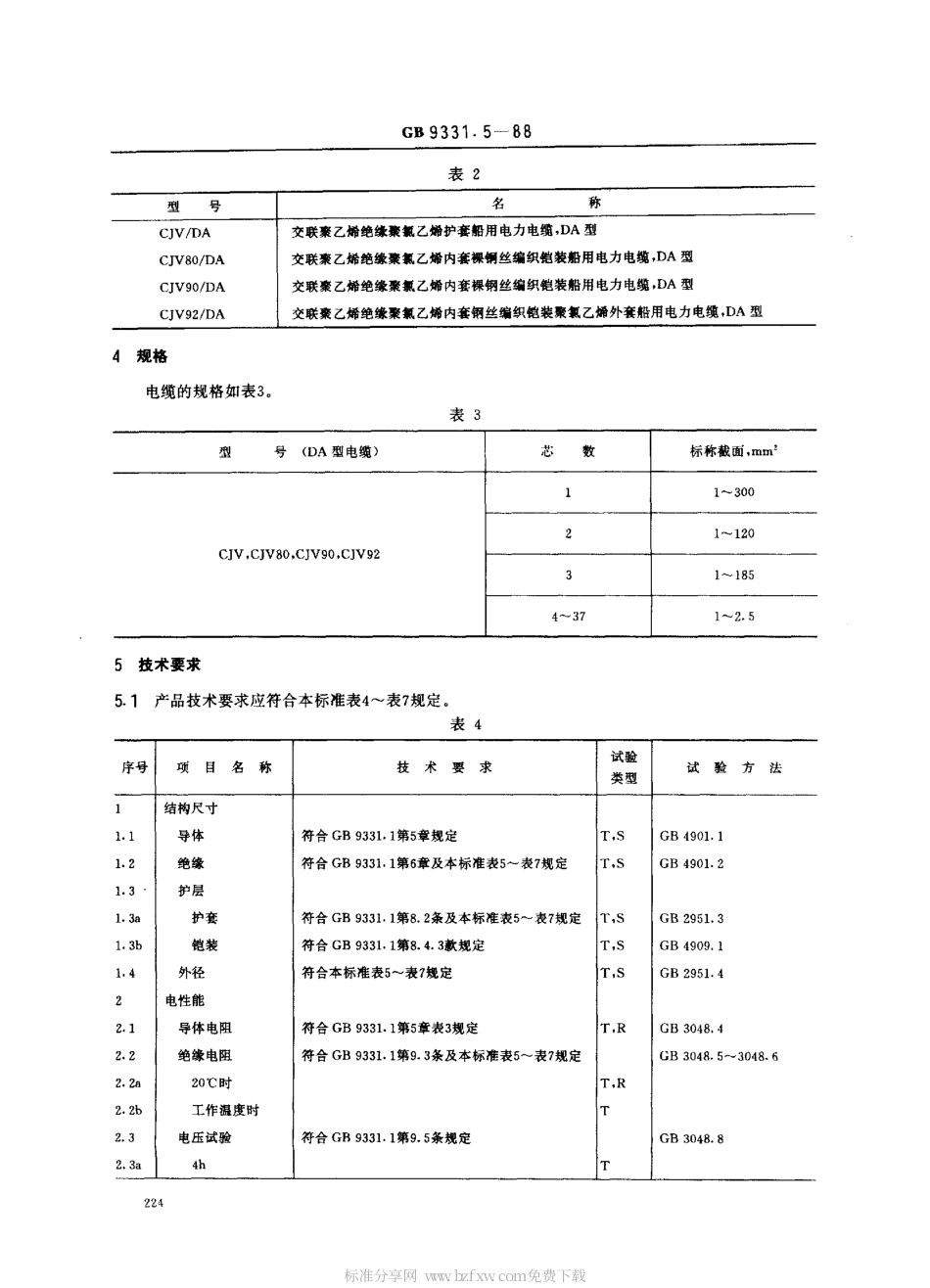 GB 9331.5-1988 额定电压0.6∕1kV及以下船用电力电缆和电线 交联聚乙烯绝缘船用电力电缆 DA型.pdf_第2页