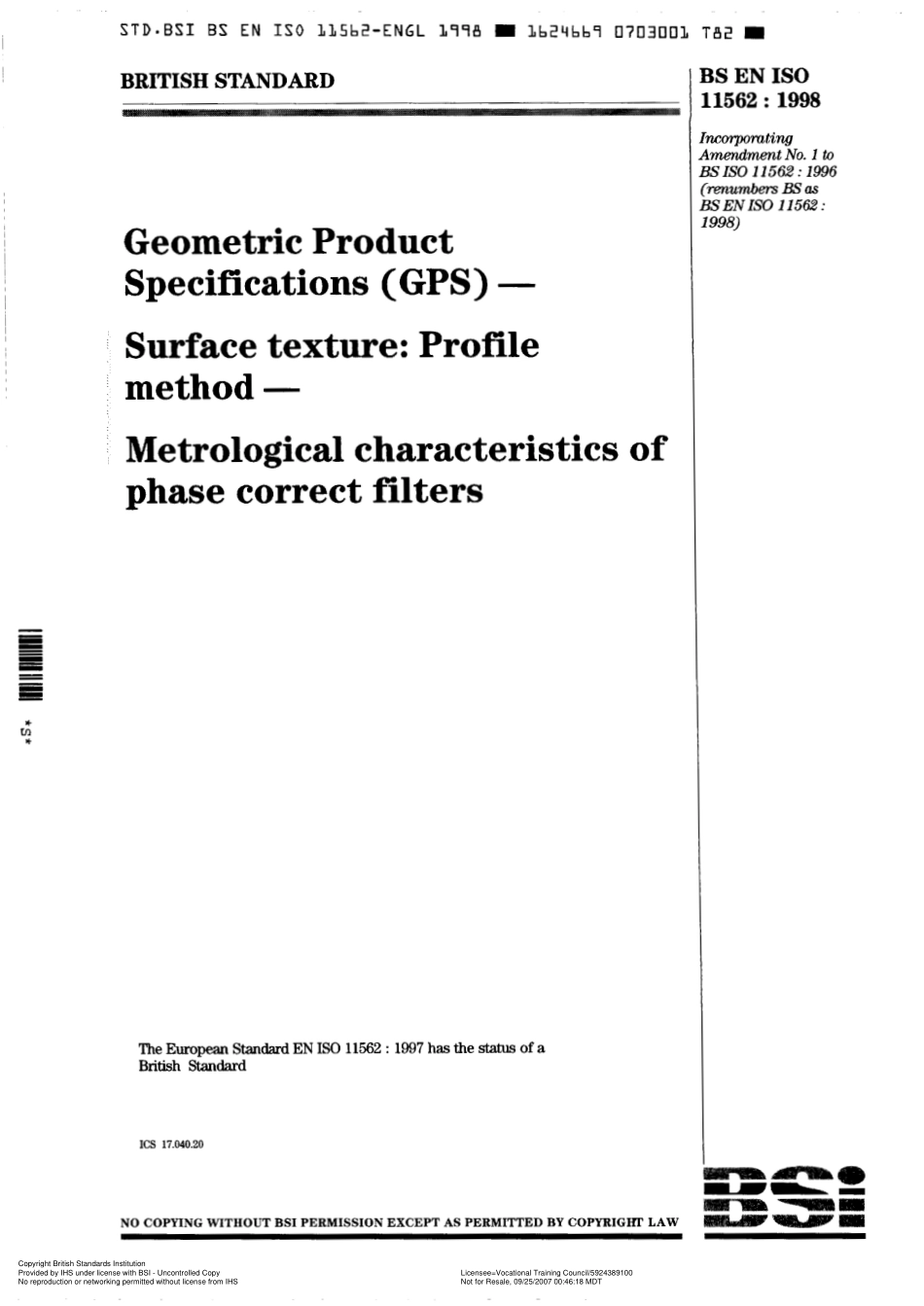 BS EN ISO 11562 1998 (A1).pdf_第1页