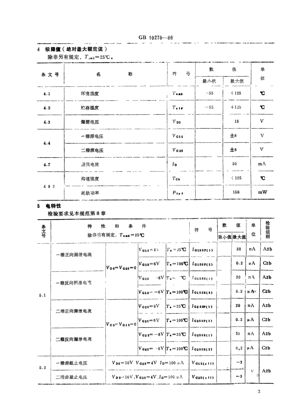 GB 10275-1988 电子元器件详细规范 4CS1191型硅高频双绝缘栅场效应晶体管(可供认证用).pdf_第3页