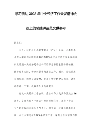 学习传达2025年中央经济工作会议精神会议上的总结讲话范文供参考.docx