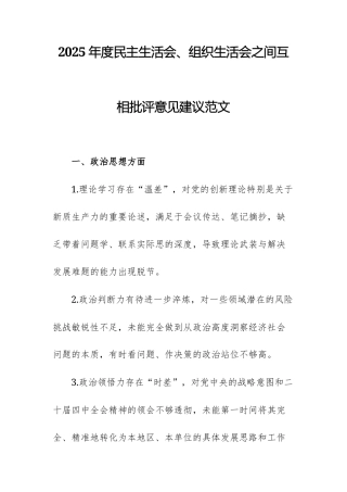 2025年度民主生活会、组织生活会之间互相批评意见建议范文.docx