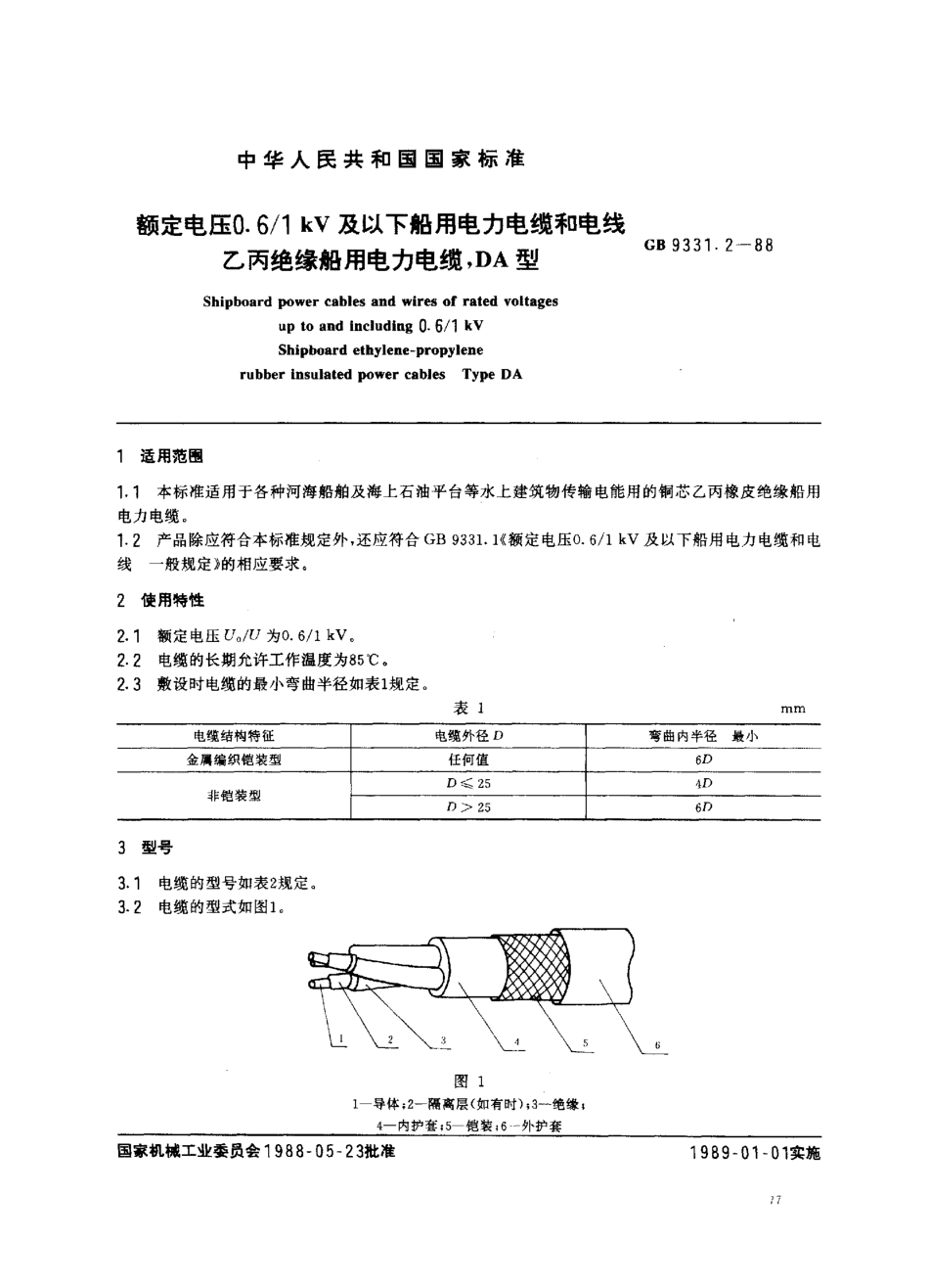 GB 9331.2-1988 额定电压0.6∕1kV及以下船用电力电缆和电线 乙丙绝缘船用电力电缆.pdf_第1页