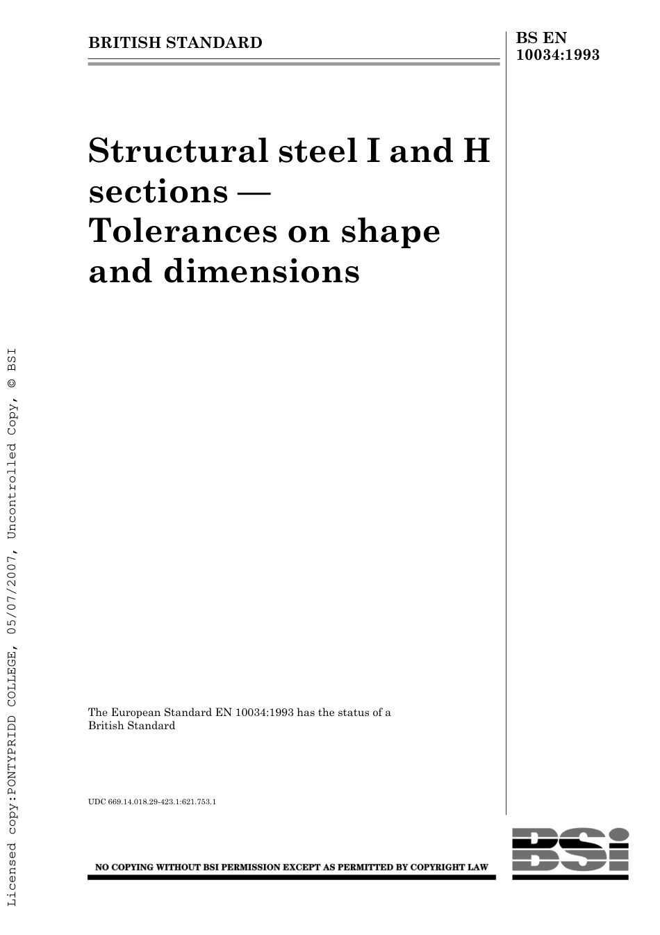 BS EN 10034-1993 Structural steel I and H sections - Tolerances on shape and dimensions.pdf_第1页