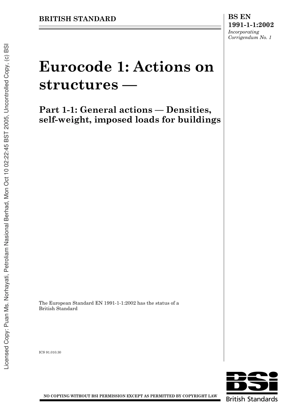BS EN 1991-1-1 2002 - Eurocode 1 - Basis of design actions.pdf_第1页