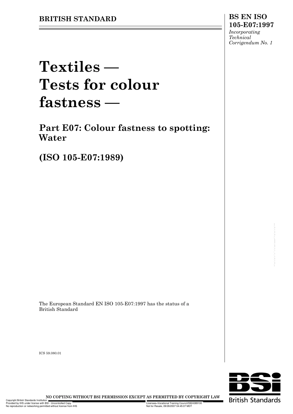 BS EN ISO 105-E07 1997 (Cor 1).pdf_第1页