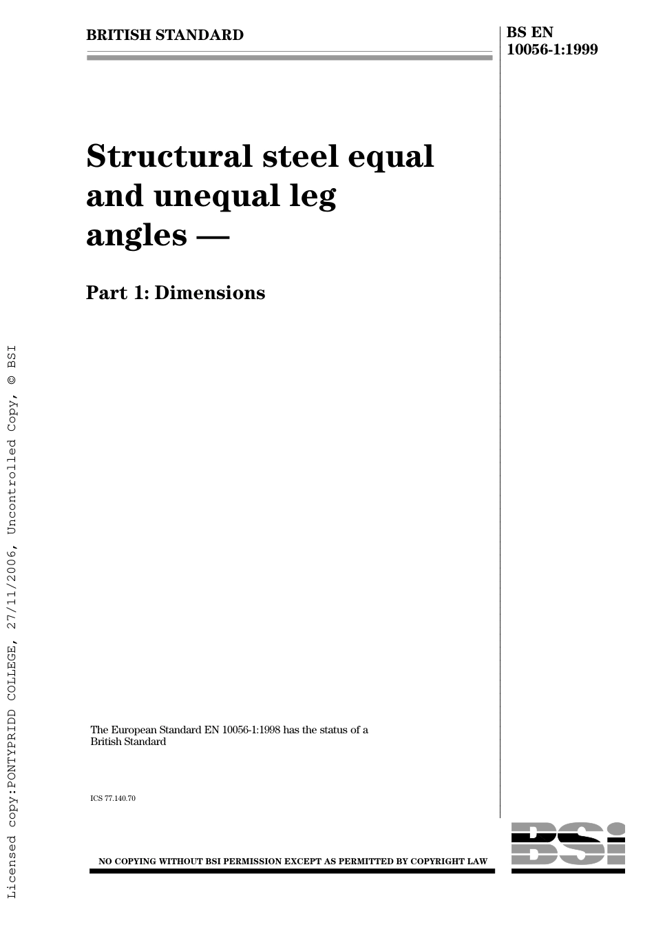 BS EN 10056-1-1999 Structural steel equal and unequal leg angles. Dimensions.pdf_第1页